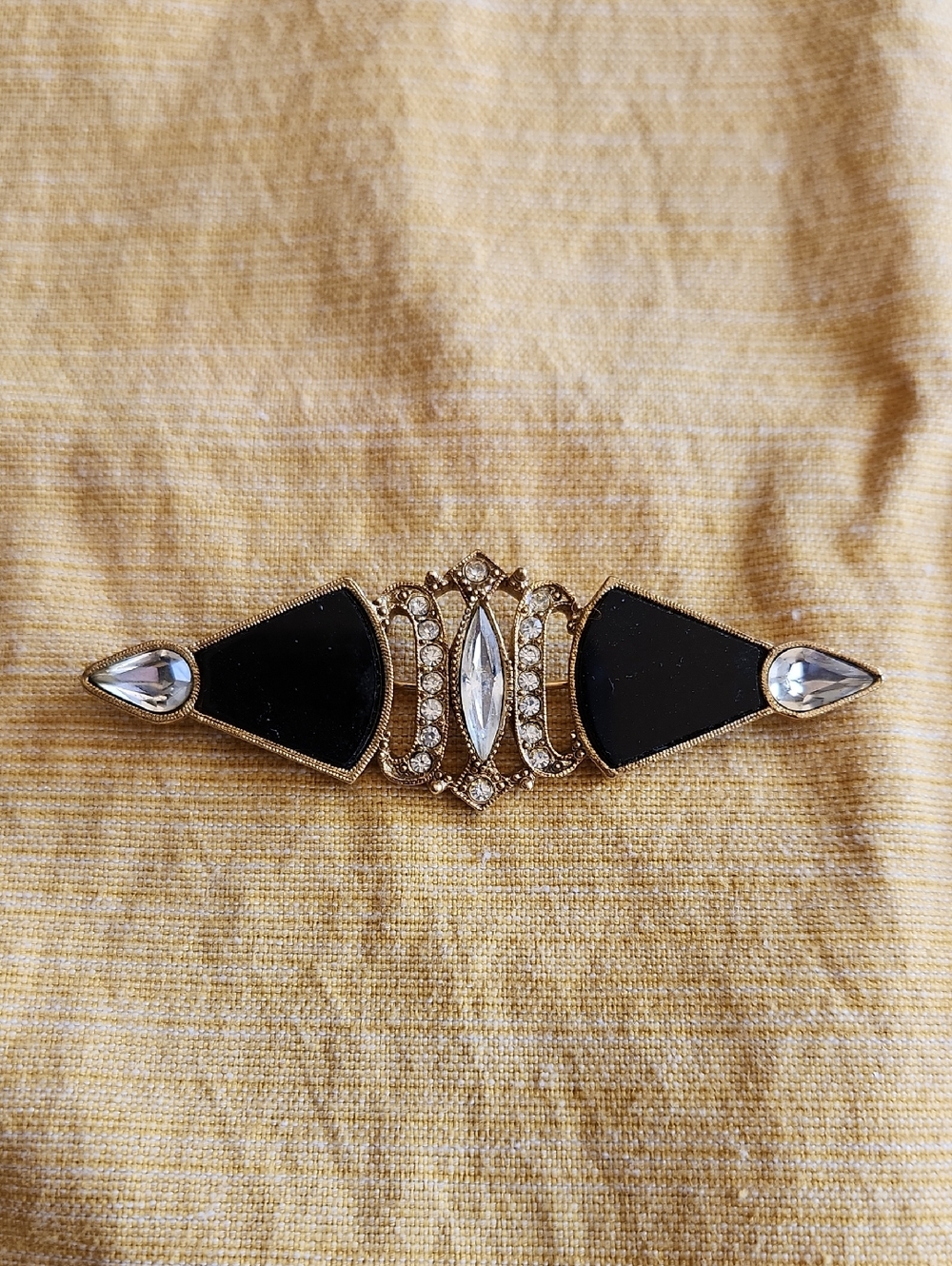 Vintage-Inspired Black Enamel and Gold Clear Crystal Bar Brooch Art Deco Gatsby